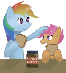 Size: 1159x1287 | Tagged: safe, artist:liracrown, derpibooru import, rainbow dash, scootaloo, pegasus, pony, head pat, pat, peanut butter, sandwich, table