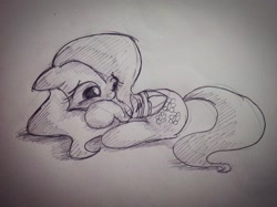 Size: 1411x1058 | Tagged: safe, artist:pw211, fluttershy, pegasus, pony, cute, depressed, monochrome, shyabetes, sketch, solo, traditional art