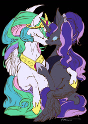 Size: 1000x1414 | Tagged: safe, artist:kuzumori, princess celestia, princess luna, alicorn, pony, embrace, hug, siblings