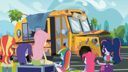 Size: 1366x768 | Tagged: safe, derpibooru import, screencap, fluttershy, pinkie pie, rainbow dash, rarity, sci-twi, sunset shimmer, twilight sparkle, eqg summertime shorts, equestria girls, get the show on the road, bus, the rainbooms tour bus