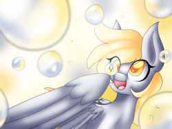 Size: 2048x1536 | Tagged: safe, artist:silviasilvar, derpy hooves, pegasus, pony, :d, bubble, bust, female, mare, open mouth, smiling, solo, spread wings