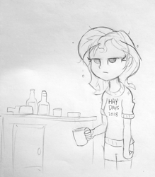 Size: 1339x1528 | Tagged: safe, artist:tjpones, sunset shimmer, equestria girls, bed hair, black and white, bottle, coffee, female, grayscale, lineart, monochrome, mug, simple background, traditional art