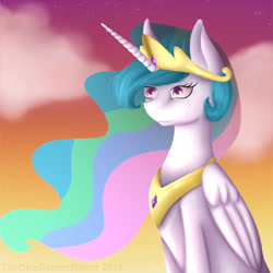 Size: 1000x1000 | Tagged: safe, artist:thebluedreammaker, princess celestia, alicorn, pony, bust, portrait, sitting, smiling, solo