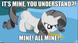 Size: 888x499 | Tagged: safe, edit, edited screencap, screencap, rarity, pony, unicorn, the return of harmony, ali baba bunny, daffy duck, discorded, discorded landscape, element of kindness, female, greedity, image macro, looney tunes, mare, meme, necklace, solo