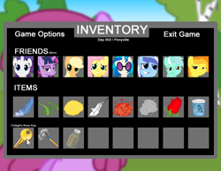 Size: 900x700 | Tagged: safe, artist:sie, applejack, dj pon-3, fluttershy, lyra heartstrings, minuette, rarity, spitfire, twilight sparkle, vinyl scratch, earth pony, pegasus, pony, unicorn, concept art, gameplay, inventory, sneezing in equestria