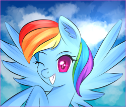 Size: 1667x1418 | Tagged: safe, artist:brok-enwings, derpibooru import, rainbow dash, pegasus, pony, cloud, female, one eye closed, sky, solo, teeth