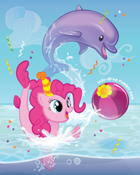 Size: 468x585 | Tagged: safe, artist:inki-drop, pinkie pie, dolphin, merpony, ball, beach ball, confetti, happy, hat, open mouth, party hat, smiling, species swap, streamers, water