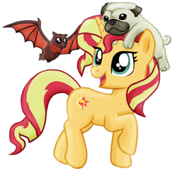 Size: 869x837 | Tagged: safe, artist:majkashinoda626, sunset shimmer, bat, dog, pony, unicorn, cute, female, flying fox, mare, pet, pug, shimmerbetes, simple background, solo, transparent background