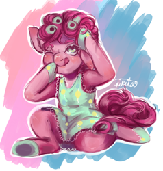 Size: 900x947 | Tagged: safe, artist:pikitsi, pinkie pie, earth pony, pony, clothes, hair curlers, pajamas, slippers, solo