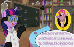 Size: 4000x2572 | Tagged: safe, artist:template93, derpibooru import, pinkie pie, twilight sparkle, twilight sparkle (alicorn), alicorn, earth pony, pony, absurd resolution, clothes, female, homework, lab coat, laboratory, mare, physics, science