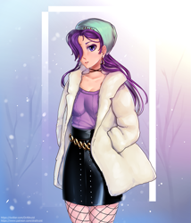 Size: 789x920 | Tagged: safe, artist:draltruist, starlight glimmer, human, beanie, beautiful, clothes, female, fishnet stockings, hair over one eye, hands in pockets, hat, humanized, leather, leather skirt, miniskirt, pantyhose, skirt, solo