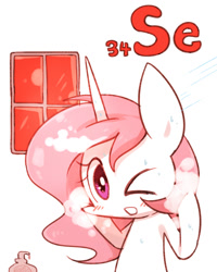 Size: 800x1000 | Tagged: safe, artist:joycall6, part of a set, princess celestia, alicorn, pony, series:joycall6's periodic table, chemistry, periodic table, role reversal, selenium, shampoo, shower, solo, window, you had one job