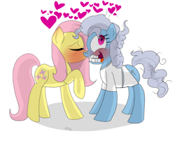 Size: 1200x1000 | Tagged: safe, artist:misspolycysticovary, fluttershy, screw loose, pegasus, pony, commission, crack shipping, female, heart, kissing, lesbian, screwshy, shipping