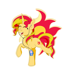 Size: 2500x2900 | Tagged: safe, artist:theartistsora, sunset shimmer, pony, unicorn, cutie mark background, dancing, eyes closed, female, headphones, mare, open mouth, outline, raised hoof, raised leg, simple background, smiling, solo, white background