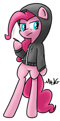 Size: 375x750 | Tagged: safe, artist:mang, pinkie pie, earth pony, pony, bipedal, clothes, hoodie, marijuana, pinkie puff, ponies wearing black, redraw, solo