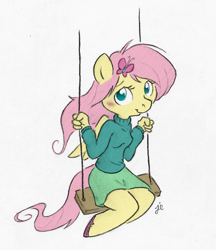 Size: 627x725 | Tagged: safe, artist:greenlinzerd, artist:swiftcutter, color edit, derpibooru exclusive, edit, fluttershy, anthro, unguligrade anthro, clothes, colored, cute, shyabetes, solo, sweater, sweatershy, swing, turtleneck