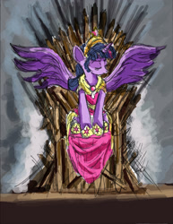 Size: 1700x2203 | Tagged: safe, artist:thelivingshadow, derpibooru import, twilight sparkle, twilight sparkle (alicorn), alicorn, pony, a song of ice and fire, big crown thingy, clothes, coronation dress, crossover, dress, female, game of thrones, iron throne, mare, solo, throne, tiara