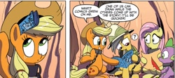 Size: 1275x567 | Tagged: safe, artist:amy mebberson, idw, applejack, daring do, fluttershy, spike, dragon, earth pony, pegasus, pony, spoiler:comic, chains, collar, comic, hat