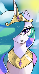 Size: 1270x2382 | Tagged: safe, artist:skyart301, princess celestia, alicorn, pony, female, horn, looking at you, mare, multicolored mane, solo, white coat