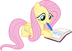 Size: 5000x3511 | Tagged: safe, artist:missbeigepony, fluttershy, pegasus, pony, book, cute, female, looking down, lying down, mare, pencil, simple background, solo, transparent background, writing