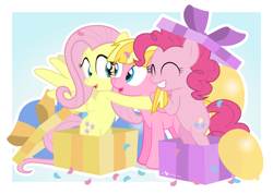 Size: 1350x960 | Tagged: safe, artist:dm29, fluttershy, meadow flower, pinkie pie, earth pony, pegasus, pony, andrea libman, balloon, birthday, trio, voice actor joke