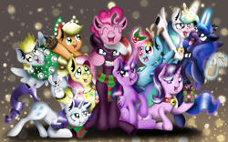 Size: 1280x800 | Tagged: safe, artist:valemjj, angel bunny, applejack, derpy hooves, fluttershy, pinkie pie, princess celestia, princess luna, rainbow dash, rarity, starlight glimmer, tempest shadow, twilight sparkle, twilight sparkle (alicorn), alicorn, earth pony, pegasus, pony, unicorn, bell, bell collar, christmas, clothes, collar, drunk, drunk luna, drunklestia, female, forced grin, group, holiday, holly, holly mistaken for mistletoe, lesbian, scarf, shipping, tempestlight, tongue out, xmas2018