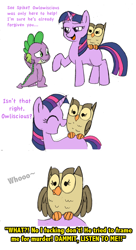 Size: 716x1315 | Tagged: safe, artist:mickeymonster, derpibooru import, owlowiscious, spike, twilight sparkle, dragon, owl's well that ends well, comic, scene interpretation, subtitles, vulgar