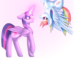 Size: 4456x3570 | Tagged: safe, artist:lunagalaxy2003, derpibooru import, rainbow dash, twilight sparkle, twilight sparkle (alicorn), alicorn, pegasus, pony, duo, female, glowing horn, magic, mare, simple background, transparent background, upside down