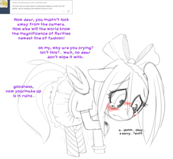 Size: 1280x1176 | Tagged: safe, artist:arkiiwarki, rarity, rumble, oc, pony, unicorn, alternate hairstyle, ask, ask trap-rumble, blushing, bow, bracelet, choker, clothes, crossdressing, crying, dialogue, dress, eyelashes, foal, hair bow, implied rarity, makeup, male, simple background, snot, stockings, trap, tumblr, white background