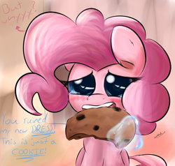 Size: 2100x2000 | Tagged: safe, artist:j151, pinkie pie, earth pony, pony, blushing, cookie, crying, dialogue, frown, magic, puppy dog eyes, sad, solo, telekinesis