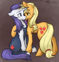 Size: 950x1000 | Tagged: safe, artist:thundershock0823, applejack, rarity, earth pony, pony, unicorn, simple ways, clothes, eye contact, female, lesbian, overalls, rarihick, rarijack, shipping