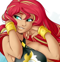 Size: 961x990 | Tagged: safe, artist:ponut_joe edit, edit, sunset shimmer, human, better together, equestria girls, forgotten friendship, bracelet, breasts, clothes, cropped, female, freckles, human coloration, humanized, jewelry, lidded eyes, smiling, solo, swimsuit