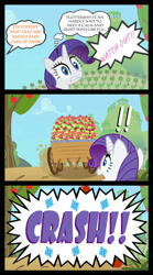 Size: 667x1198 | Tagged: safe, artist:bigsnusnu, rarity, oc, oc:falsity, human, pony, unicorn, a rare-rarity day, accident, apple, apple cart, cart, comic, crash, female, human in equestria, human to pony, oh crap, ouch, shocked, surprised, vector