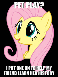 Size: 750x1000 | Tagged: safe, fluttershy, pegasus, pony, testing testing 1-2-3, black background, blue eyes, bust, female, image macro, mare, meme, open mouth, painfully innocent fluttershy, pink mane, reference, simple background, smiling, solo, text, wings, yellow coat