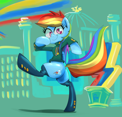 Size: 1680x1610 | Tagged: safe, artist:chrischin, derpibooru import, rainbow dash, pegasus, pony, semi-anthro, abstract background, bipedal, boots, clothes, female, mare, medals, rainbow, shoes, solo, uniform, walking