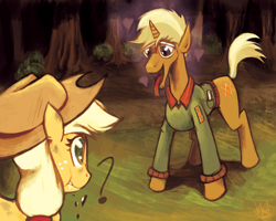 Size: 1250x1000 | Tagged: safe, artist:kheltari, applejack, trenderhoof, earth pony, pony, simple ways, in love, scene interpretation, tongue out