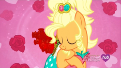 Size: 1280x720 | Tagged: safe, screencap, applejack, earth pony, pony, simple ways, applejewel, clothes, eyes closed, hub logo, hubble, rose, solo