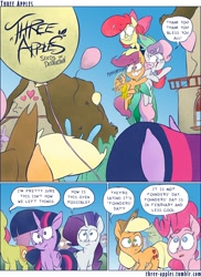 Size: 1000x1371 | Tagged: safe, artist:capnpea, apple bloom, applejack, pinkie pie, rarity, scootaloo, sweetie belle, twilight sparkle, twilight sparkle (alicorn), alicorn, earth pony, pegasus, pony, unicorn, comic:three apples, balloon, comic, cutie mark crusaders, female, filly, mare, no pupils, scootaloo can fly, wingding eyes