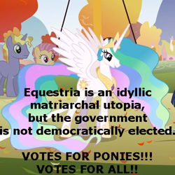 Size: 500x500 | Tagged: dead source, safe, edit, edited screencap, screencap, princess celestia, alicorn, pony, fall weather friends, feministmylittlepony, image macro, meme, op is a cuck