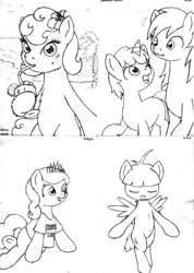 Size: 1656x2330 | Tagged: safe, artist:merkleythedrunken, carrot top, derpy hooves, diamond tiara, dinky hooves, featherweight, golden harvest, pony, beach, belly button, bipedal, clothes, drink, monochrome, shirt, sketch, sketch dump