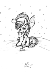 Size: 2047x2944 | Tagged: safe, artist:leadhooves, apple bloom, earth pony, pony, apple, christmas, female, filly, hat, high res, monochrome, mouth hold, pencil drawing, santa hat, sitting, snow, snowfall, solo, traditional art, winter