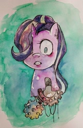 Size: 1439x2224 | Tagged: safe, artist:awk44, starlight glimmer, pony, unicorn, bust, gears, hair over one eye, portrait, solo, traditional art