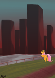 Size: 793x1122 | Tagged: safe, artist:mang, fluttershy, pegasus, pony, beanie, city, clothes, hat, solo, sunset