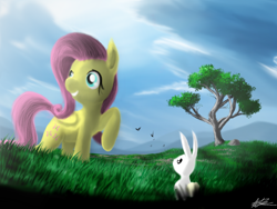 Size: 1024x768 | Tagged: safe, artist:azuredash, angel bunny, fluttershy, pegasus, pony, broken perspective, digital art