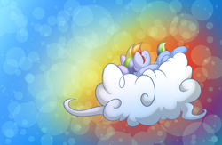 Size: 1280x832 | Tagged: safe, artist:fluffyxai, derpibooru import, rainbow dash, pegasus, pony, cloud, on back, solo