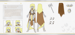 Size: 2150x1008 | Tagged: safe, artist:howxu, derpy hooves, equestria girls, armor, axe, cloak, clothes, epic derpy, food, muffin, reference sheet, solo, tongue out, weapon