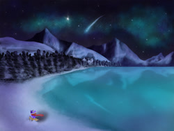 Size: 1000x750 | Tagged: safe, artist:slamjam, derpy hooves, pegasus, pony, clothes, female, hat, lake, mare, mountain, mountain range, night, scarf, scenery, snow, winter outfit