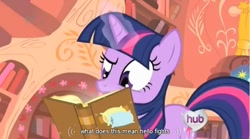 Size: 800x444 | Tagged: safe, derpibooru import, screencap, twilight sparkle, book, hub logo, meme, solo, youtube caption