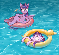 Size: 1024x957 | Tagged: safe, artist:hamanaki, starlight glimmer, twilight sparkle, twilight sparkle (alicorn), alicorn, pony, unicorn, awkward, awkward moment, blushing, chest fluff, desperate, duo, female, floaty, frown, hoof hold, inflatable, inner tube, leaning, mare, on back, pool toy, smiling, smirk, smug, spread wings, sunglasses, water, wet, wide eyes, wings