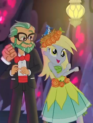 Size: 1536x2048 | Tagged: safe, screencap, canter zoom, derpy hooves, timber spruce, bird, blue jay, equestria girls, legend of everfree, background human, beautiful, clothes, crystal gala, dancing, dress, duo, glasses, happy, hat, nest, offscreen character, smiling